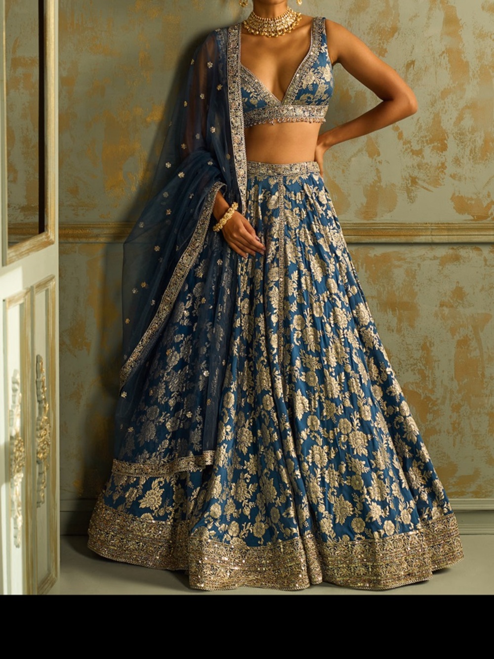 Elegant Blue Embroidered Wedding Lehenga